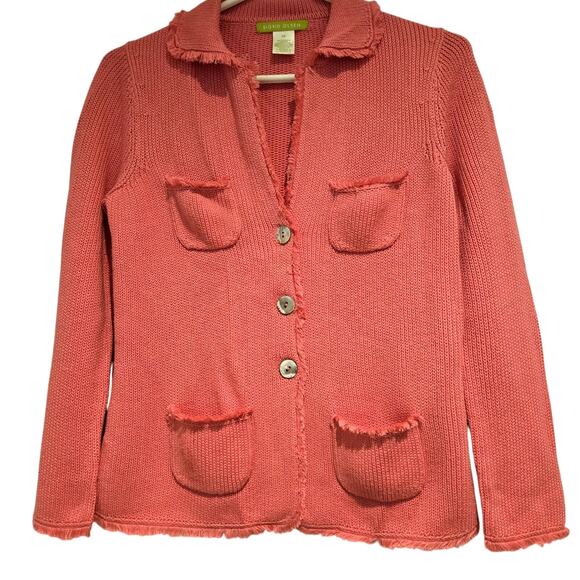 Vintage Sigrid Olsen Coral Pink Knit Collared Cardigan Jacket Fringed Pockets XS - Picture 2 of 6